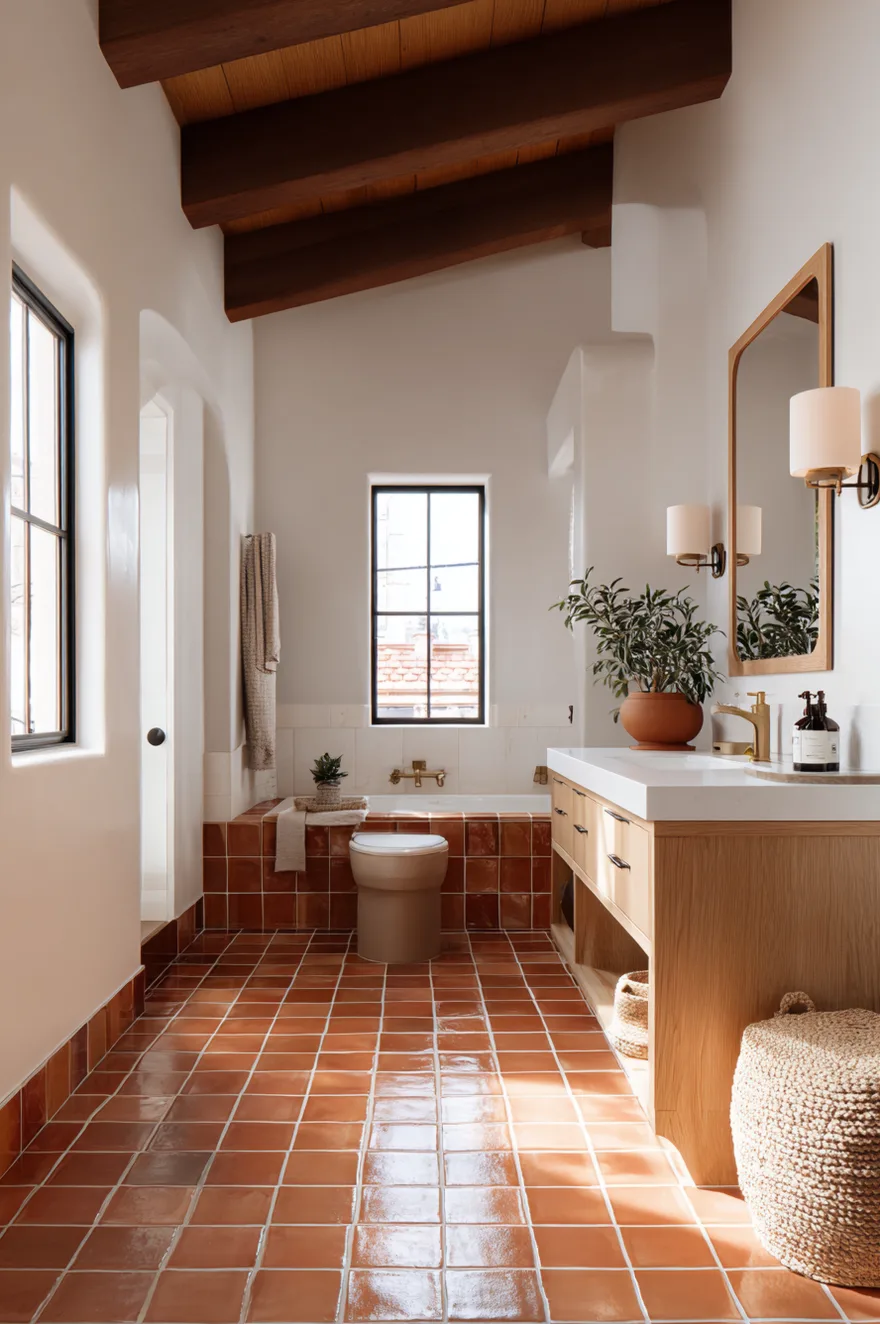A warm bathroom design featuring square terracotta tiles on the floor and wrapping around a built in bathtub, complemented by a wood double vanity and exposed wooden ceiling beams.