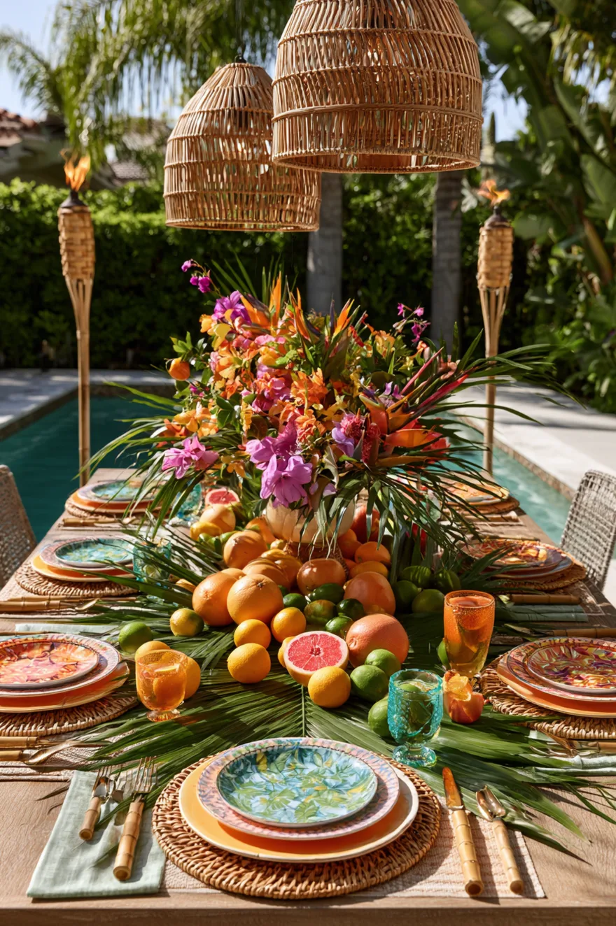 Large green tropical palm leaves laid flat as a table runner, topped with bright orange slices, limes, and colorful patterned plates on a bamboo patio table.