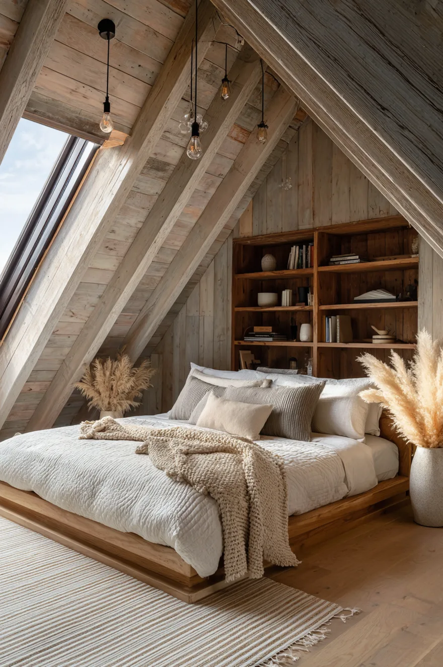 A rustic attic bedroom completely clad in weathered wood panels on the walls and vaulted ceiling, featuring a large skylight, a built-in wooden bookcase, and a low wooden platform bed.
