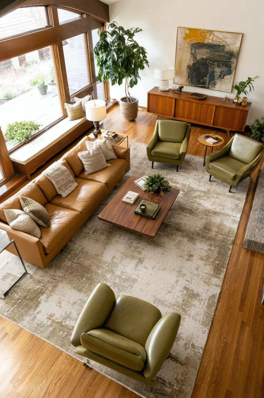 A conversational living room layout featuring two mid-century armchairs facing a tufted sofa across a low wooden coffee table on a vintage rug.
