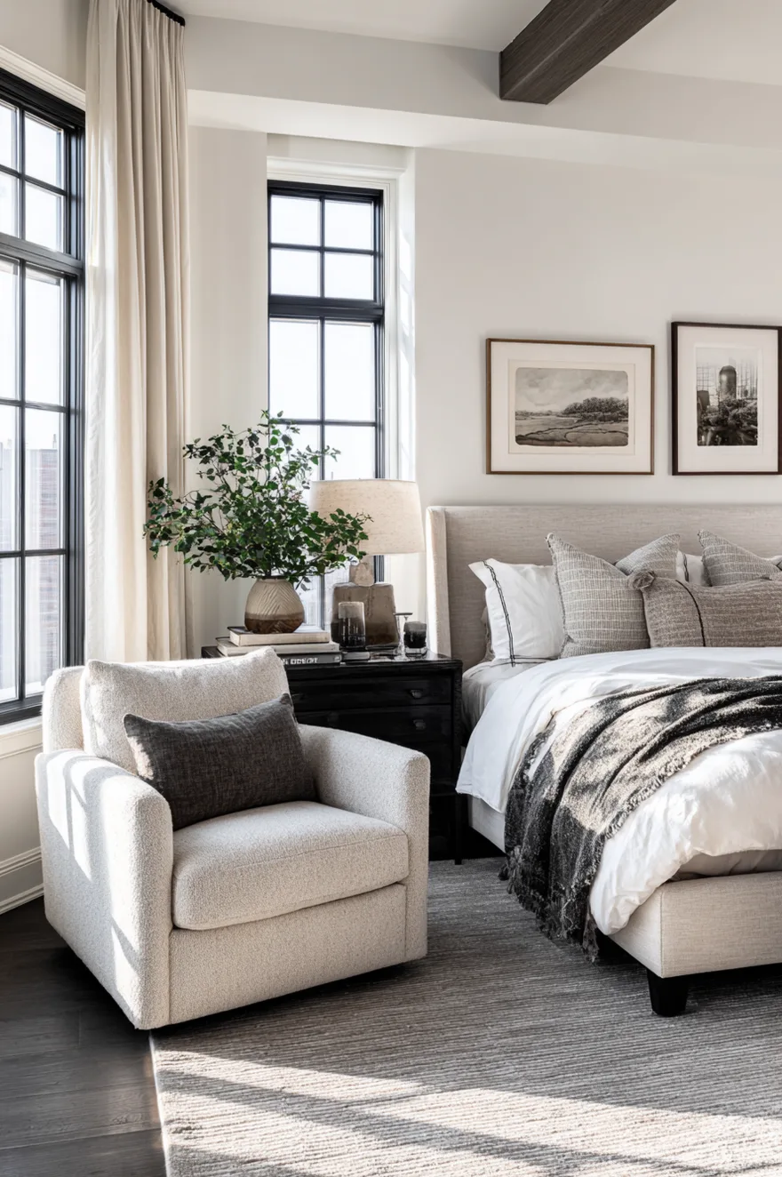Spacious bedrooms ideas for couples with a cozy corner seating area featuring a comfortable armchair and reading lamp.