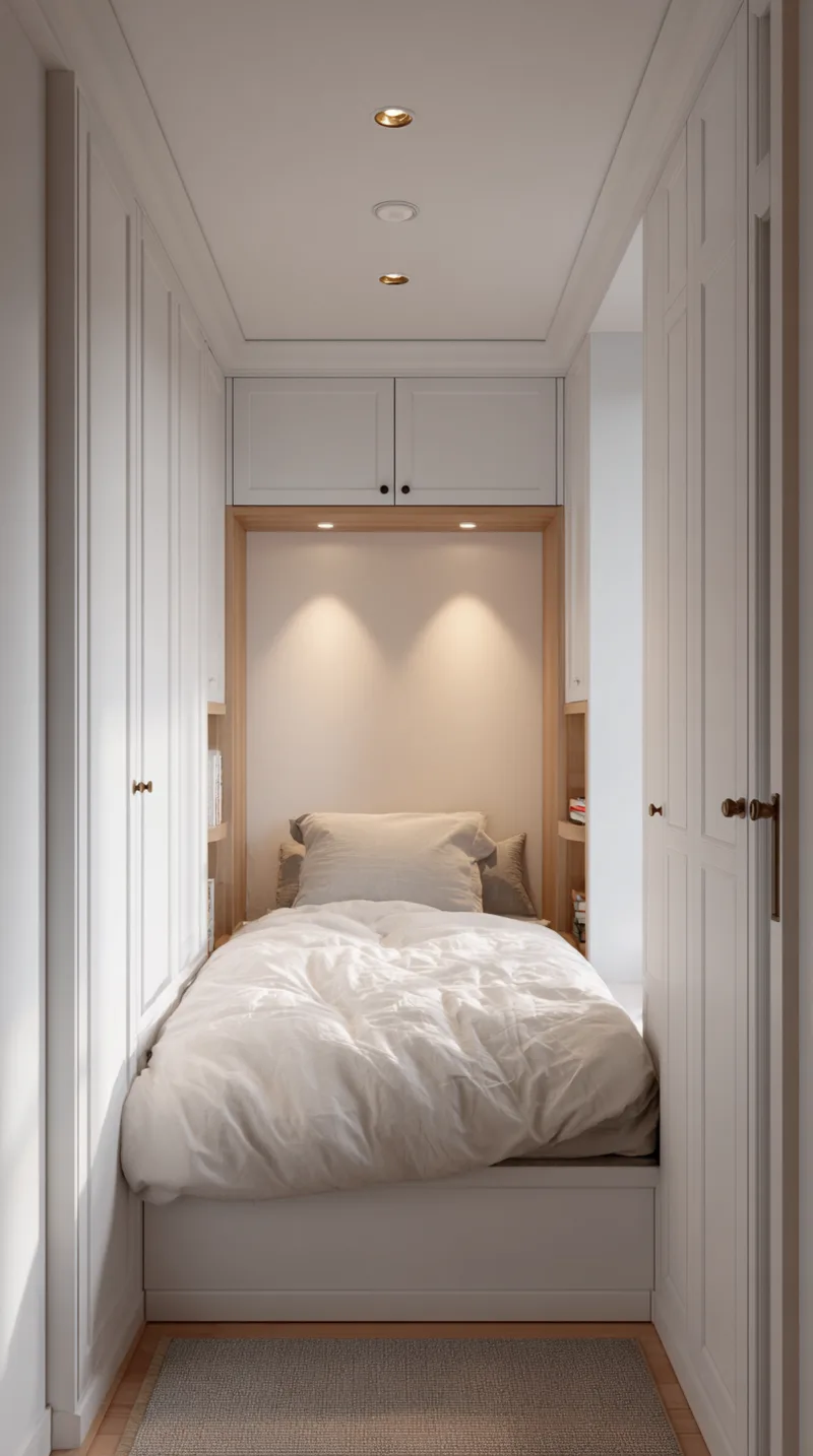 Narrow bedroom with custom white built-in wardrobes surrounding the bed to maximize vertical storage.