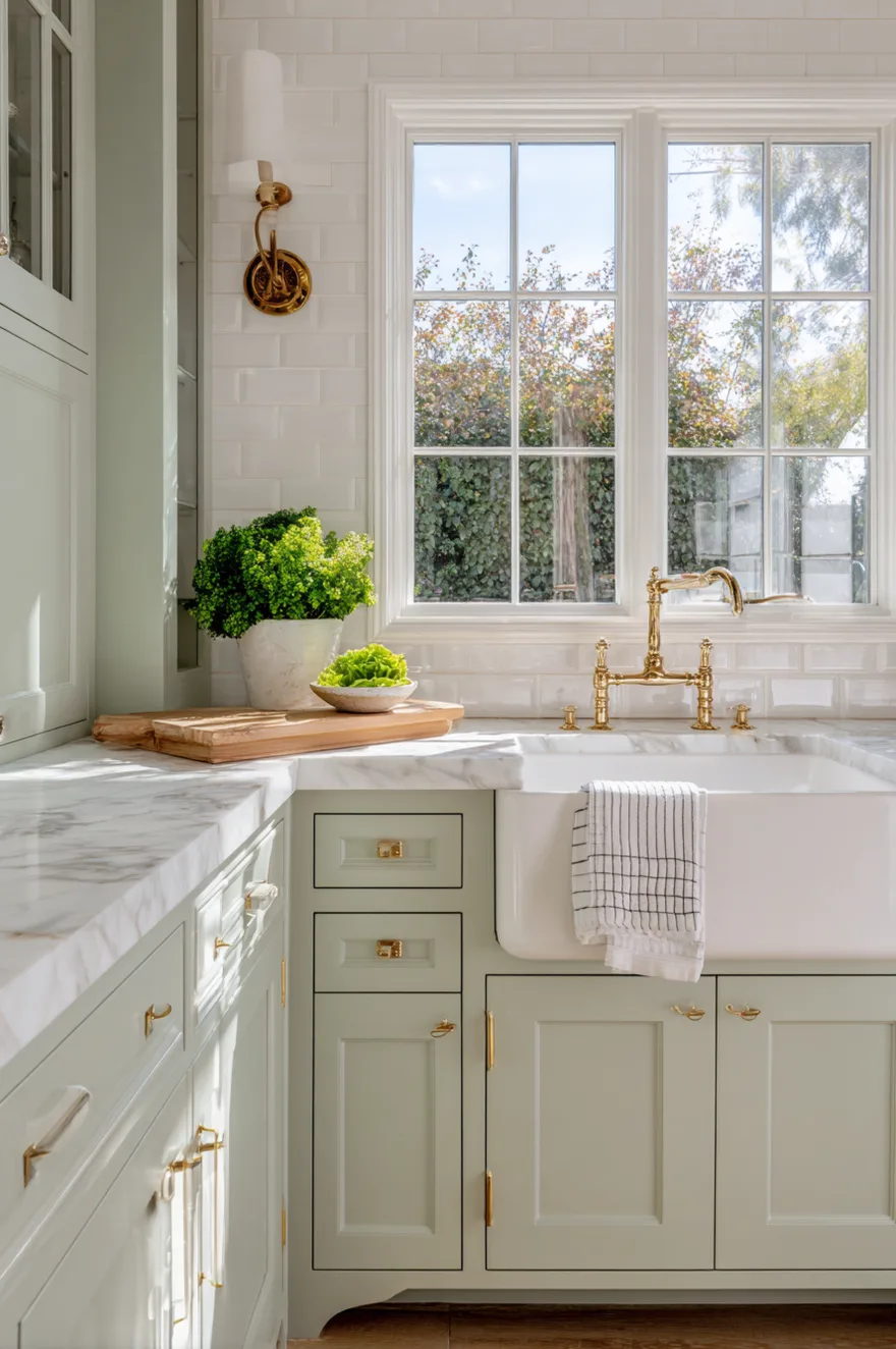 White apron-front farmhouse sink with a polished brass bridge faucet, set into white marble countertops with light sage green shaker cabinets and a white subway tile backsplash.