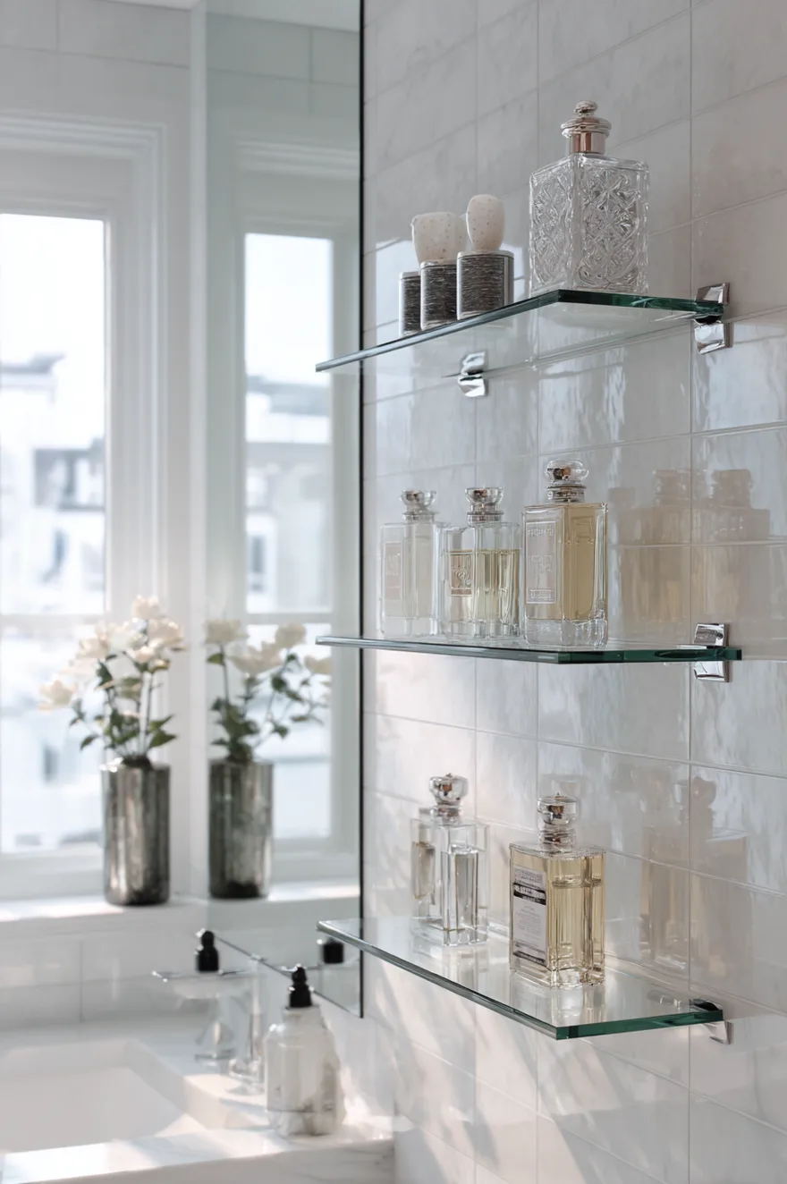 Clear glass shelves mounted on a white tiled wall holding perfume bottles and luxury skincare products.
