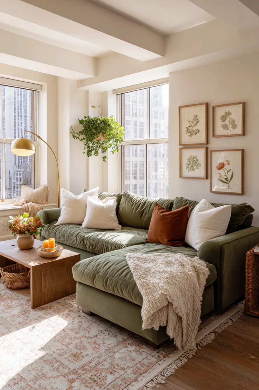 Olive green velvet chaise sectional sofa decorated with white and rust pillows, a rectangular wood coffee table, a gold floor lamp, and a gallery of framed botanical art prints.
