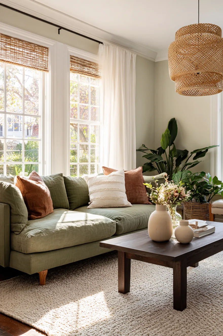 A muted sage green linen sofa with visible wooden legs sitting in a sunlit Japandi living room, styled with terracotta and cream throw pillows.
