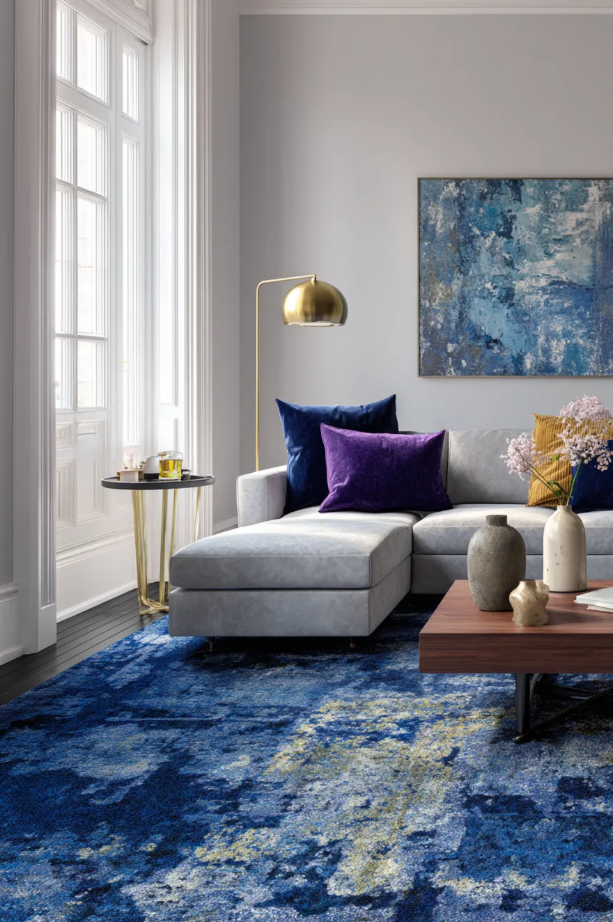 A sophisticated living room with a light gray sectional sofa and a dark wood coffee table sitting on a vibrant sapphire blue abstract area rug.