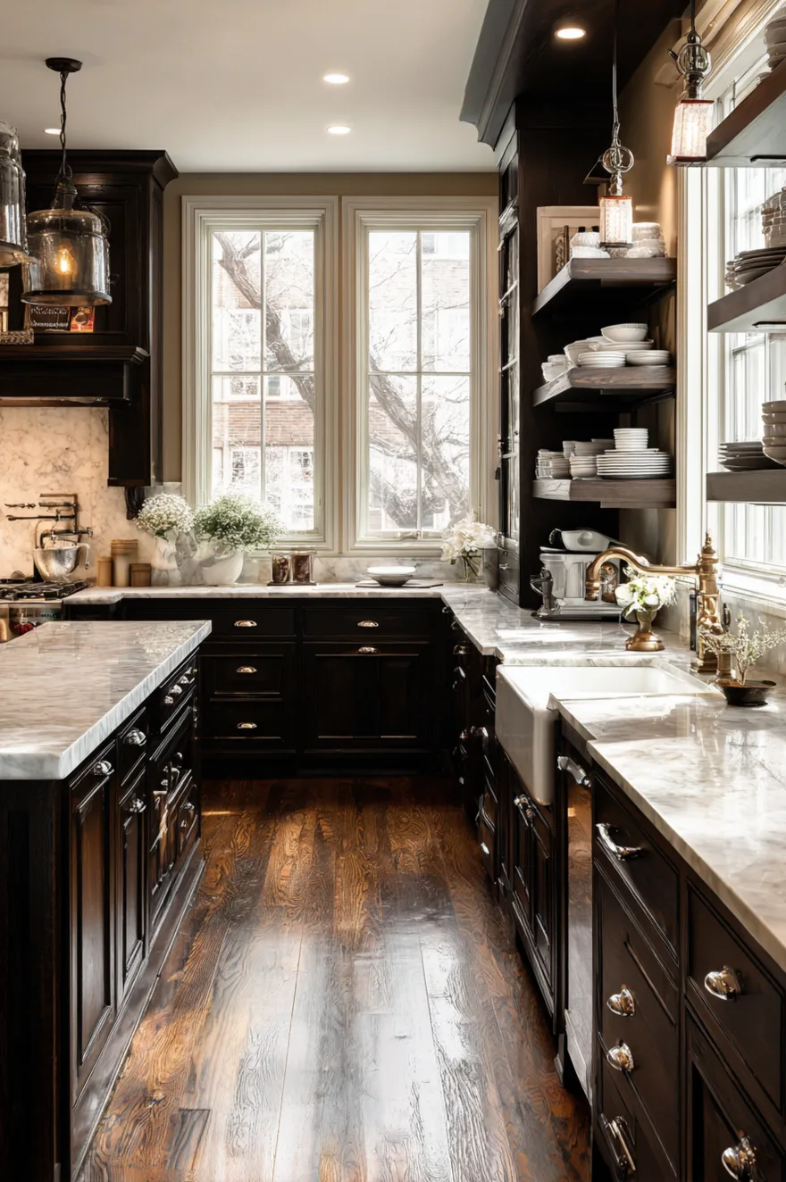 Dark walnut kitchen cabinets contrasted with light creamy off-white walls and light stone floors.