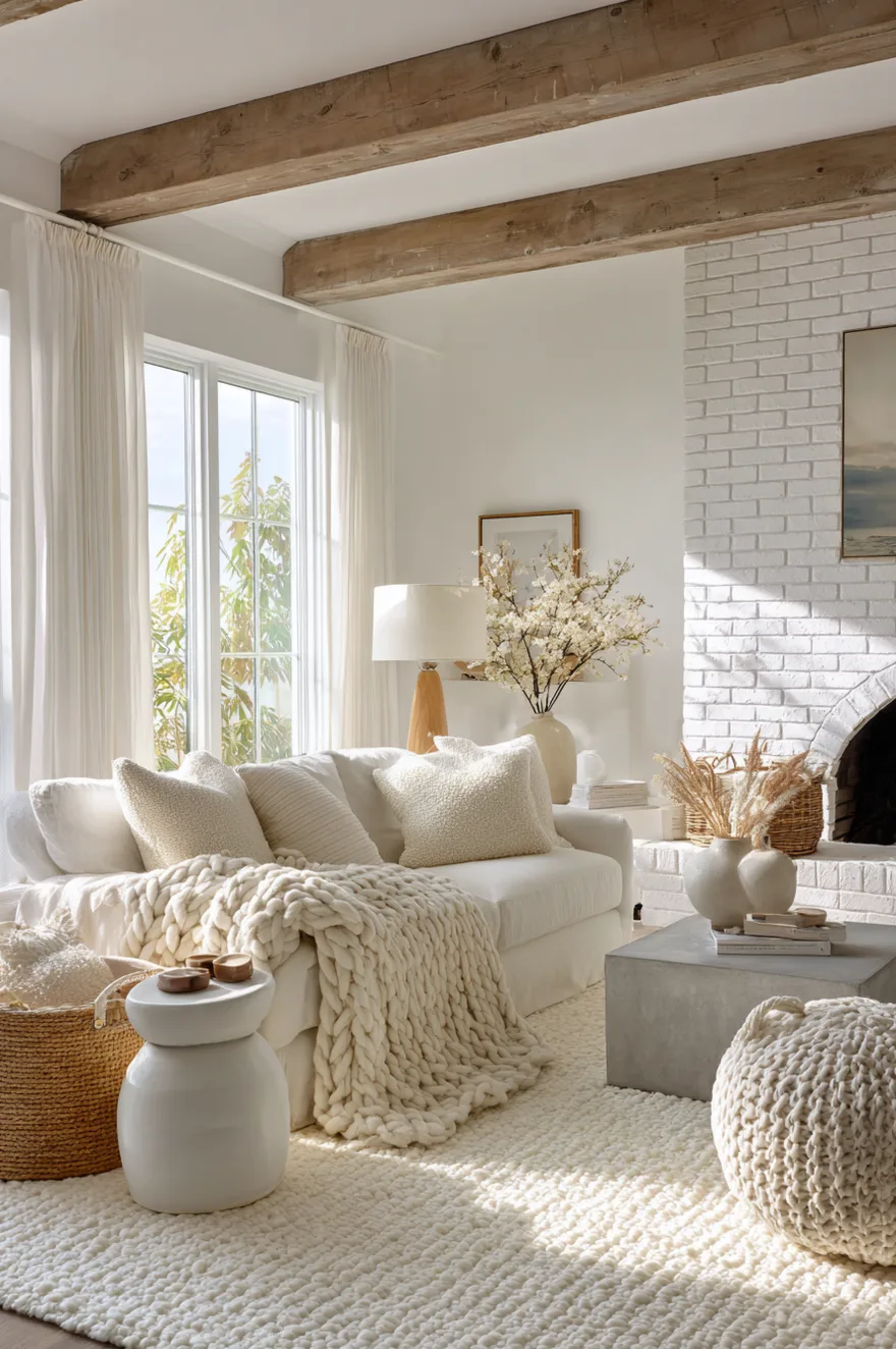 Close up detail of a living room showing a boucle armchair, velvet pillow, and woven jute rug.