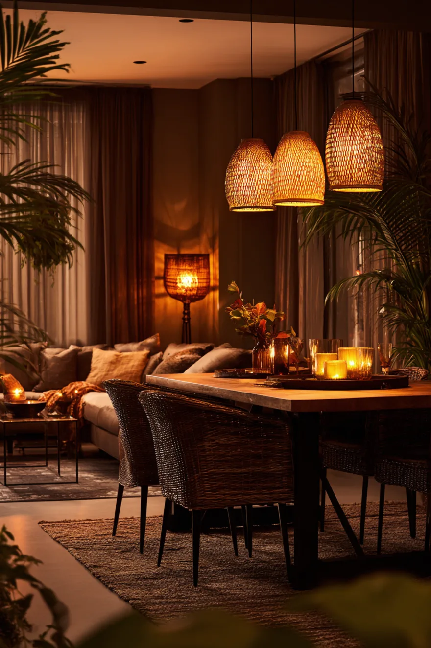 A cozy evening room illuminated by warm amber light, featuring a wooden dining table with wicker chairs under three woven pendants, and a living area with a sofa and floor lamp in the background.
