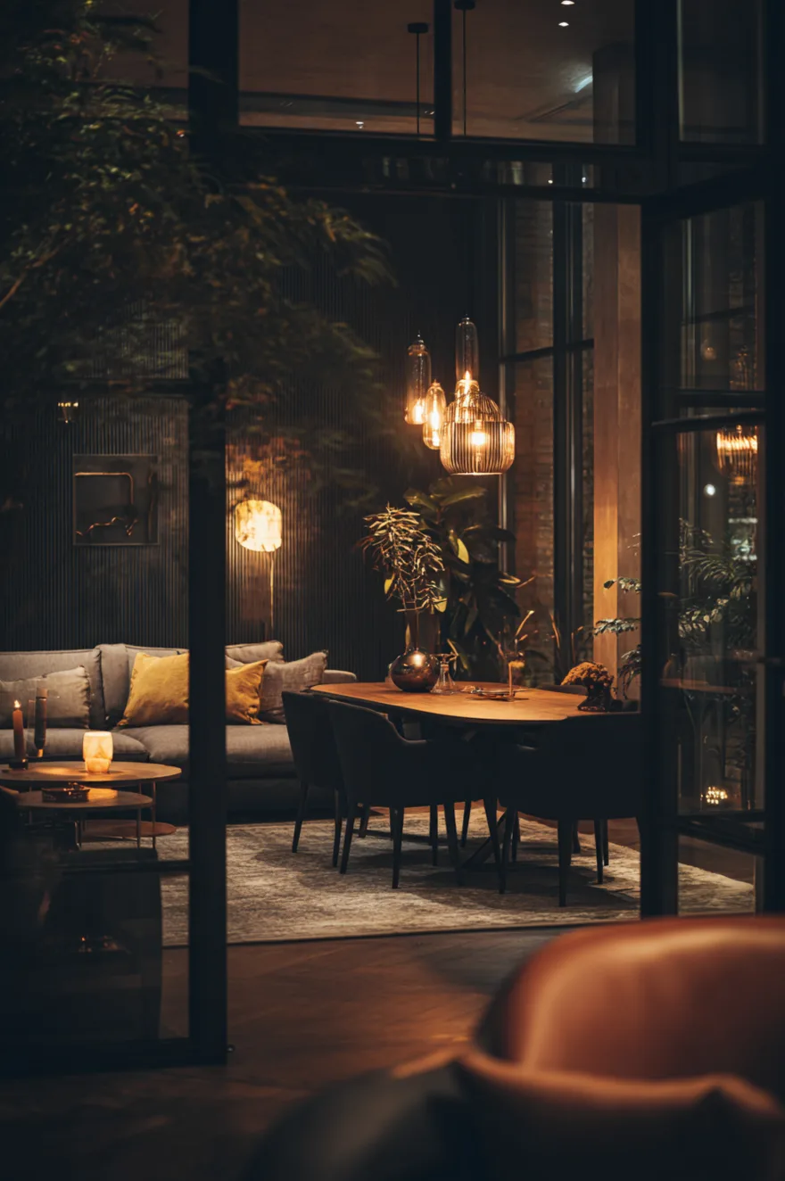 A moody evening view through glass doors into a combined living and dining space, showing a dark dining table illuminated by clustered glass pendants and a grey sofa lit by a warm floor lamp.