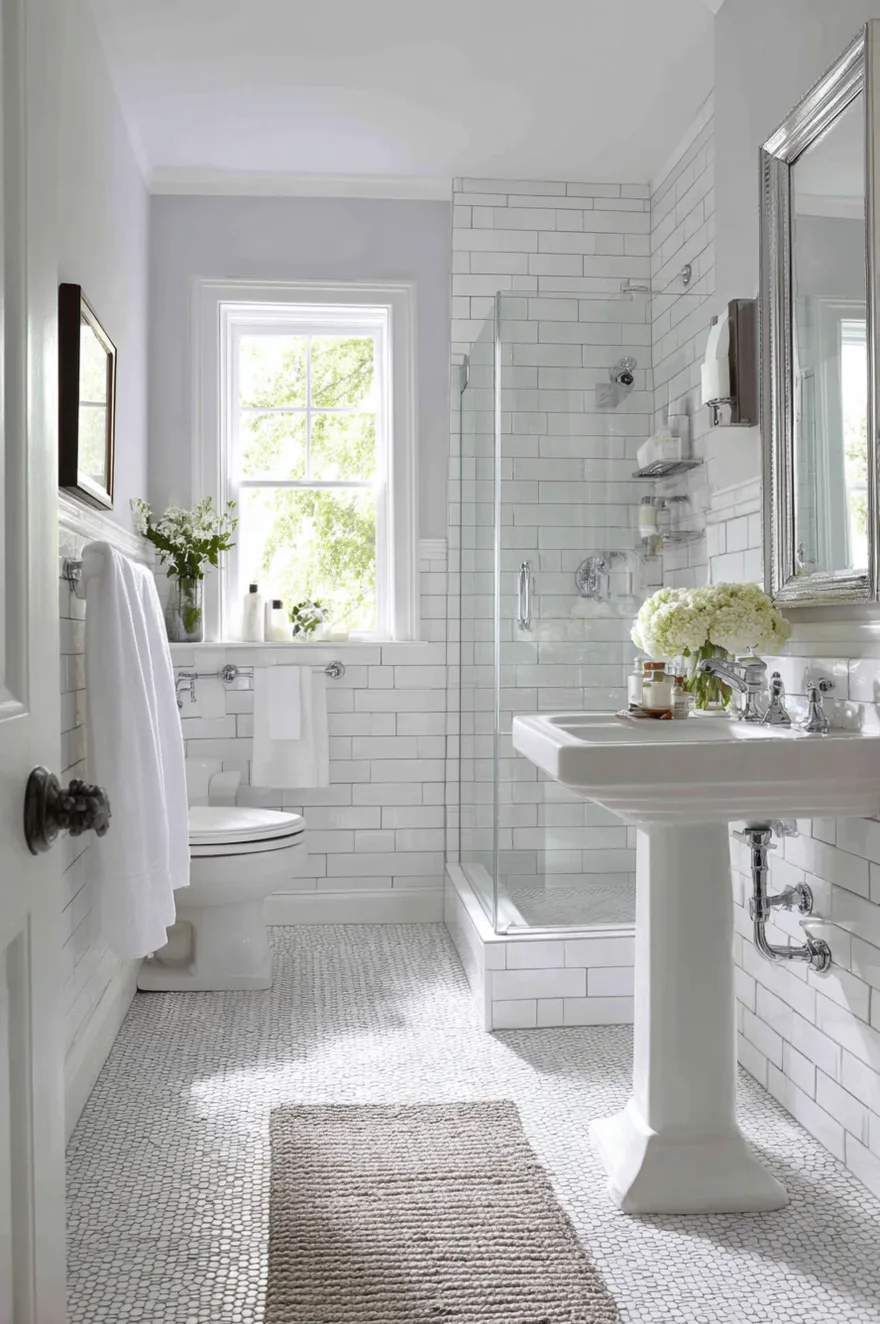 Small white penny round mosaic floor tiles with light grey grout in a traditional bathroom featuring a classic white pedestal sink, white subway tile halfway up the walls, and a vase of white hydrangeas.