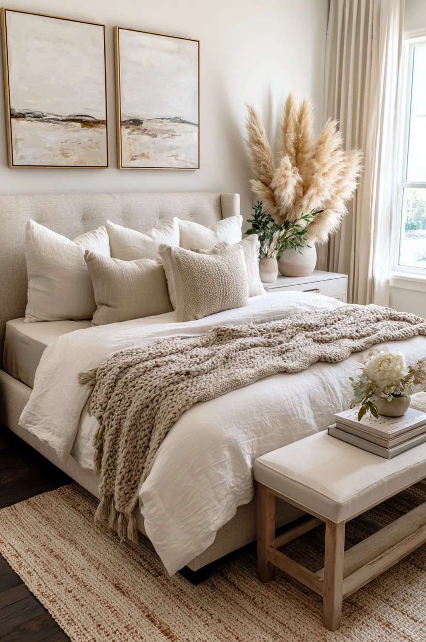 A modern neutral bedroom displaying a beige upholstered bed with white linens, a large vase of tall fluffy pampas grass on the nightstand, and two matching abstract canvas paintings above the headboard.