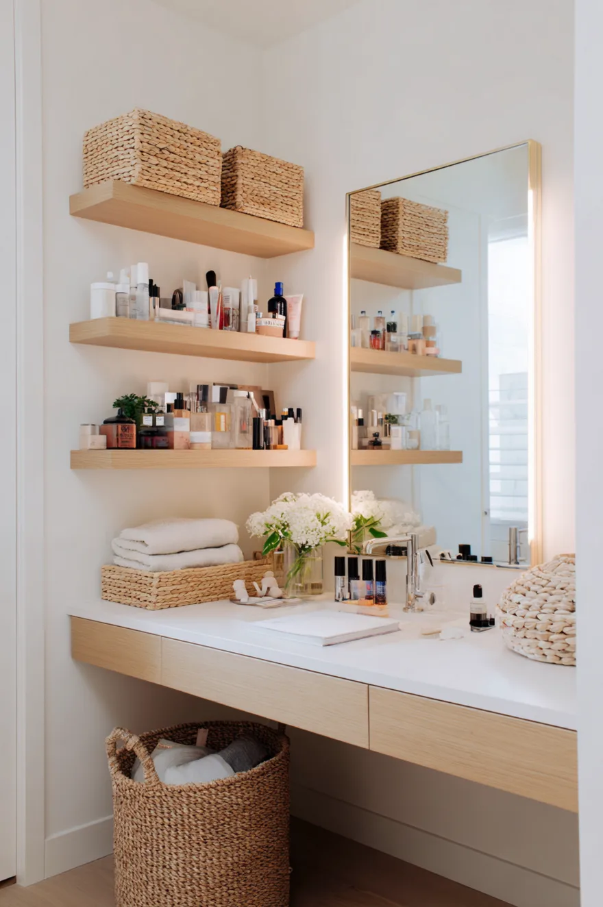 Light wood floating vanity desk with a white countertop, a large woven basket tucked underneath, and three light wood floating shelves tightly packed with skincare bottles next to a tall gold-framed mirror.