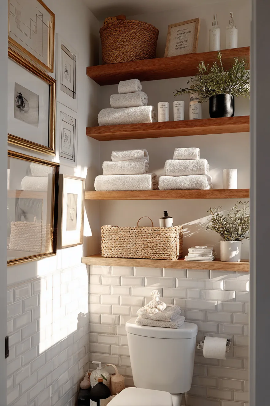 Three floating wood shelves installed above a white toilet holding wire storage baskets, neatly folded towels, and a trailing green plant.