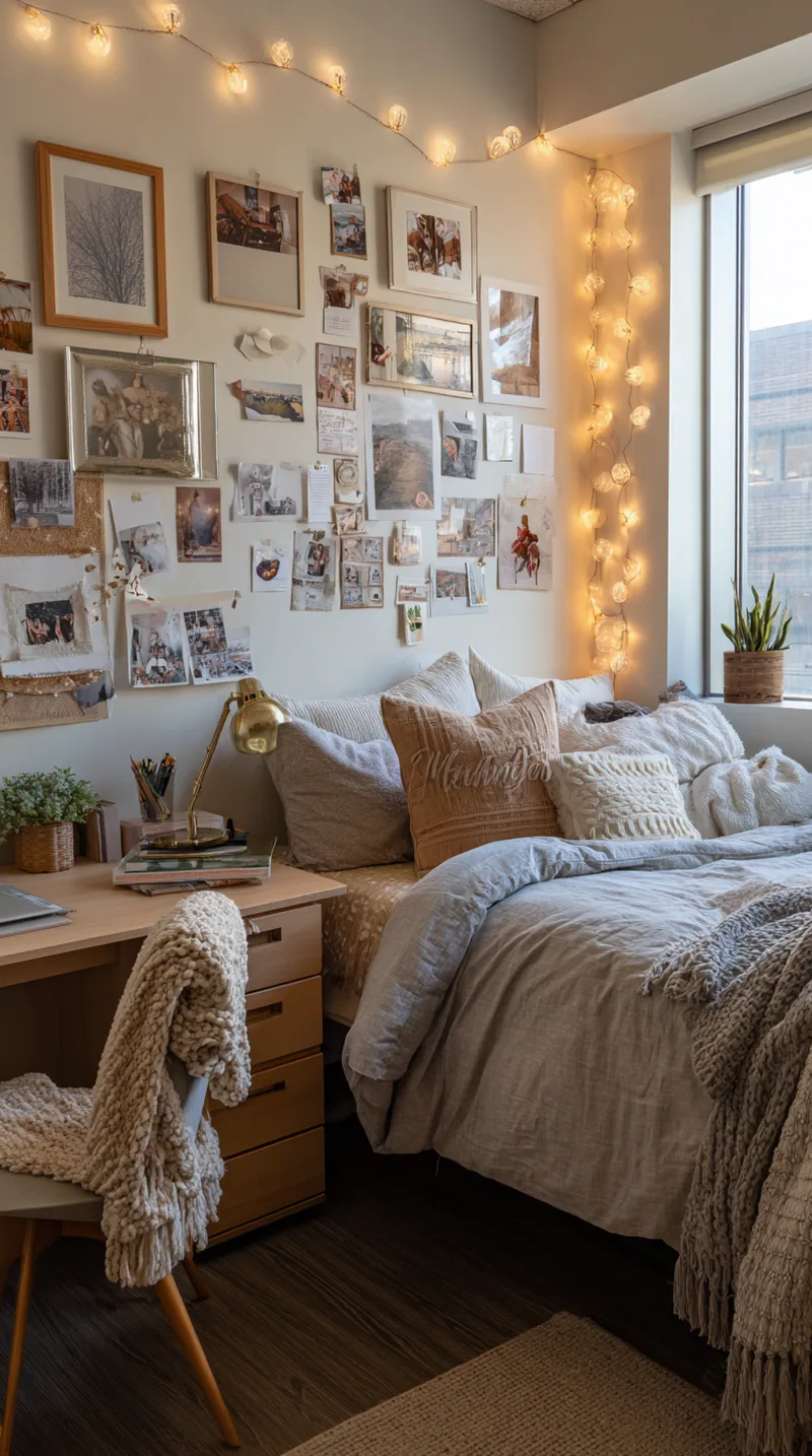 Bedroom wall decorated with framed concert posters, personal sketches, and polaroid photos arranged creatively.