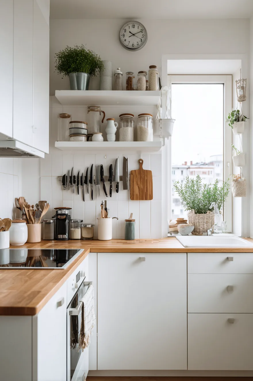 Compact L-shaped white kitchen with butcher block counters and a magnetic knife strip on the wall.