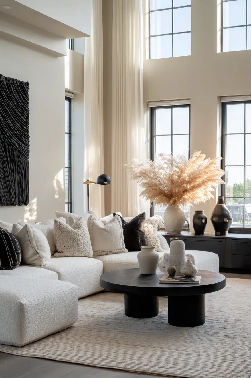 A three dimensional black sculptural wall art piece hanging above a dark console table in a minimalist living room with warm beige walls.