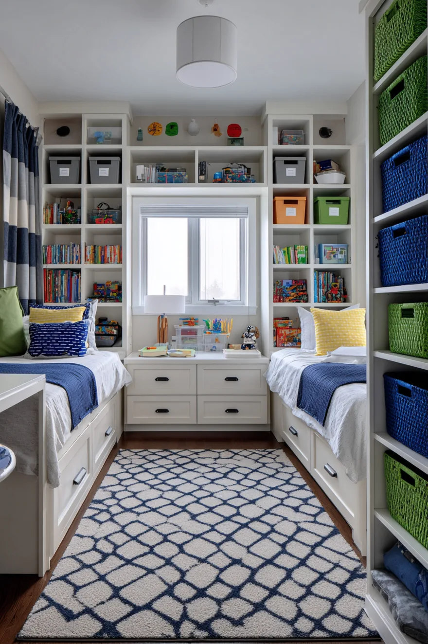 Shared boys bedroom featuring two twin beds with blue throw blankets, separated by a white drawer unit under a window, flanked by tall white built-in shelving filled with colorful blue and green storage baskets.