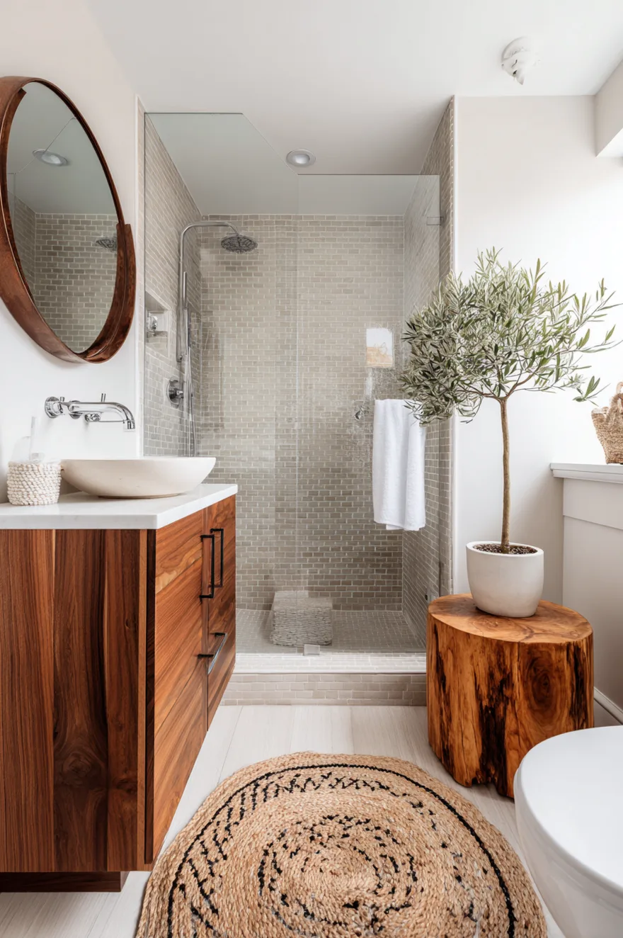 Compact walk in shower with light grey brick tile and a glass door next to a wood vanity, a round woven rug, and a potted olive tree sitting on a solid wood stump.