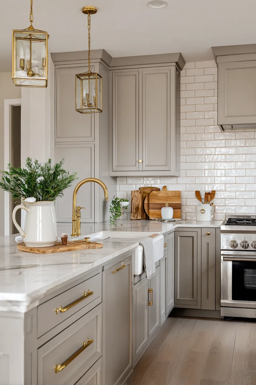 A classic brass bridge faucet installed over a white apron front sink, surrounded by warm taupe kitchen cabinetry and white countertops.