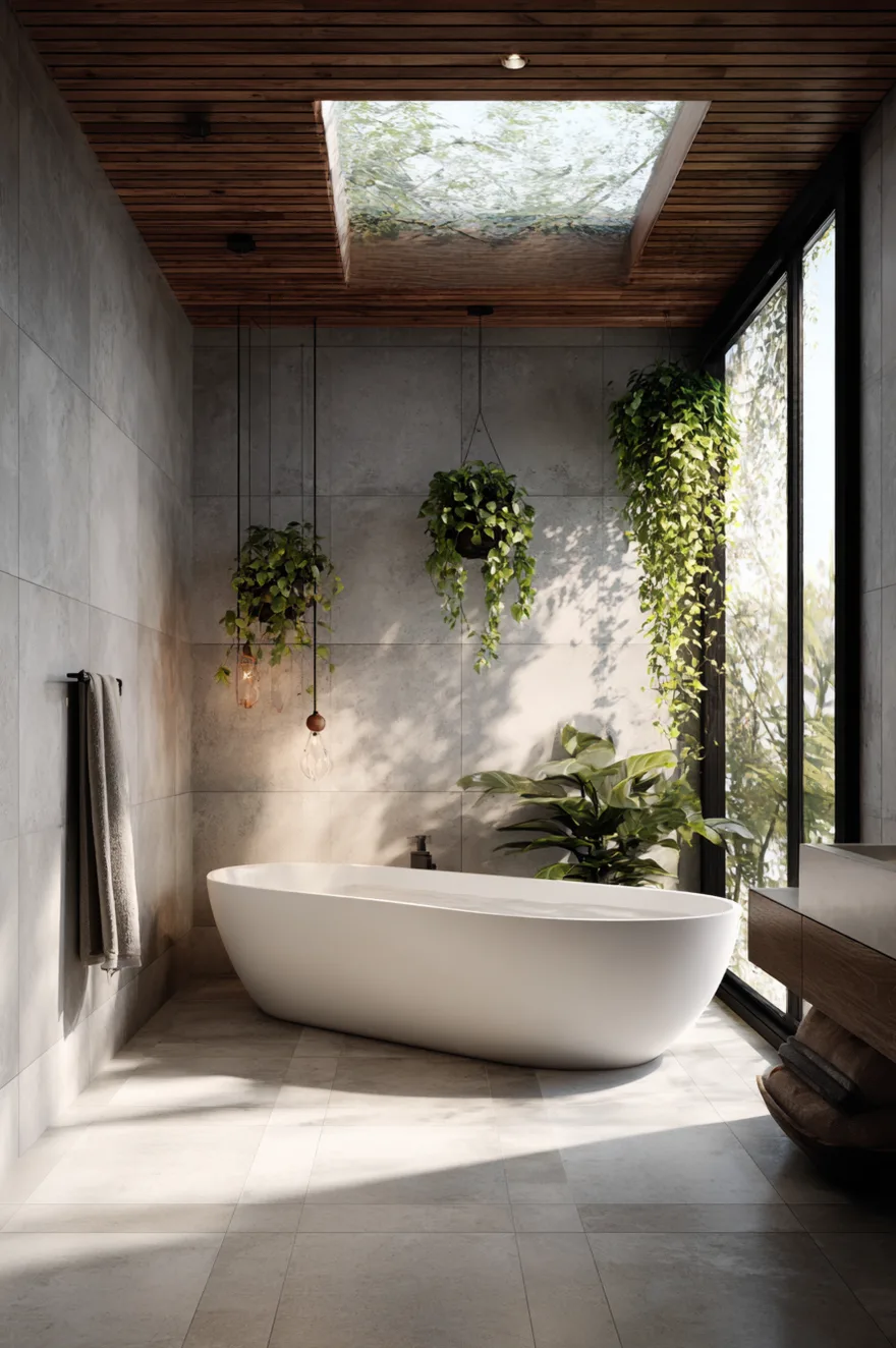 A sunlit bathroom featuring a large white freestanding oval bathtub, a wood slat ceiling with a skylight, floor-to-ceiling windows, and hanging trailing plants over light grey stone tiles.