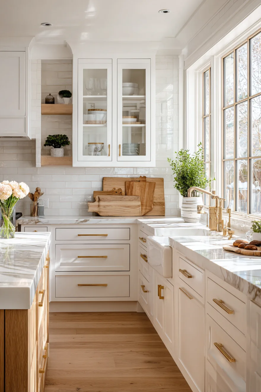 Bright white kitchen with shaker cabinets, gold hardware, a white apron sink, a white subway tile backsplash, and natural wood cutting boards layered on the counter.