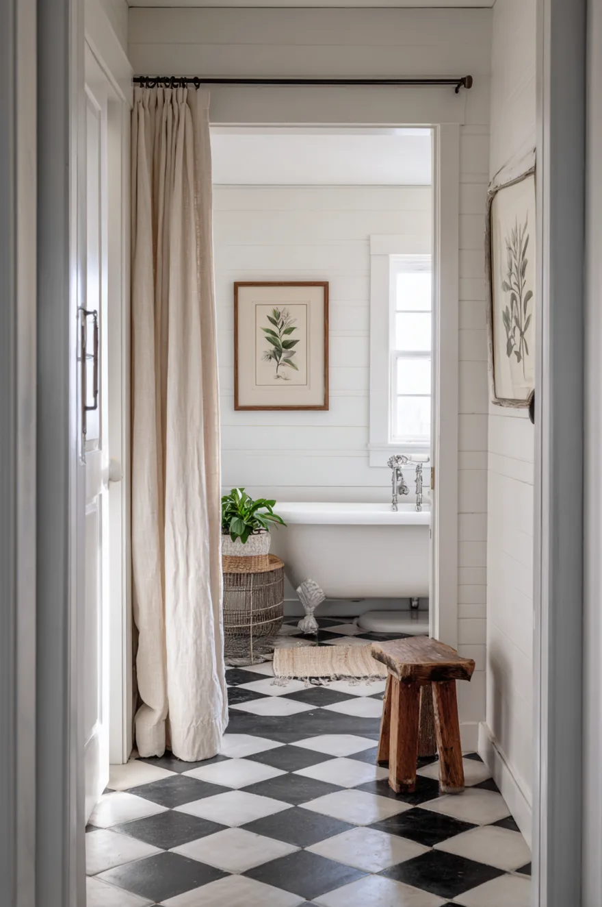 Farmhouse bathroom viewed from the hallway threshold with a clawfoot tub visible at the far end, black and white cement tile floor, white shiplap walls, and a linen curtain panel framing the doorway.