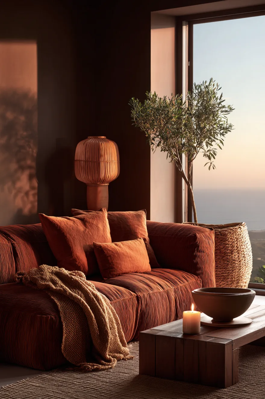 Cozy minimalist living room with a rust-toned bouclé sofa glowing in golden hour lamp light, terracotta ceramic side lamp, small olive tree in a woven basket planter, and a chunky knit throw.