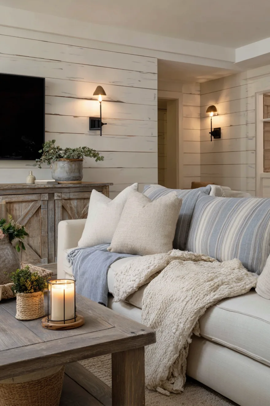 Farmhouse basement with whitewashed plank paneling, salvaged barn-wood media console, grain-sack stripe sofa, galvanized metal sconces, and dried cotton stems in a vintage crock.