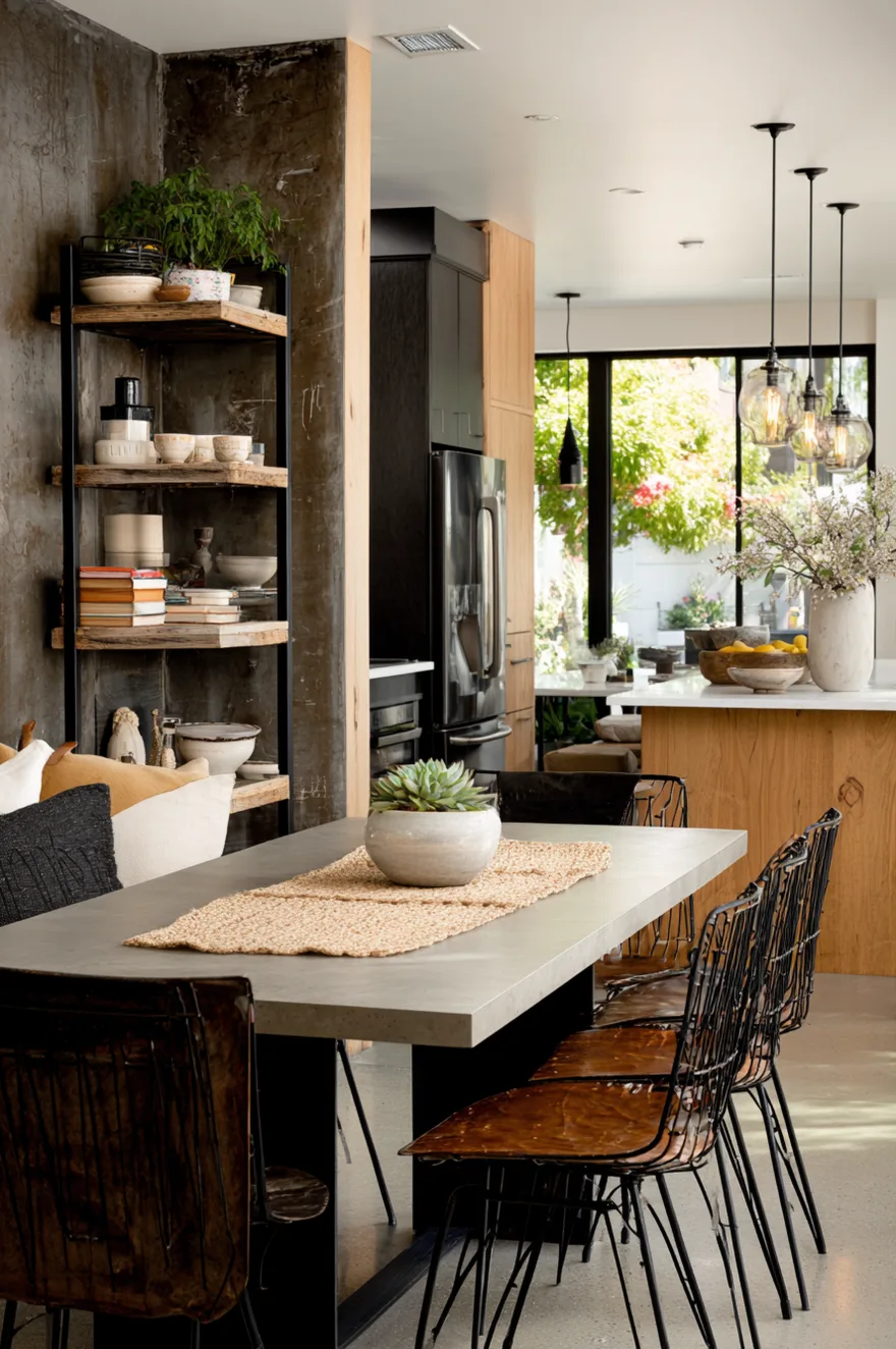 Hairpin leg metal chairs with solid ash saddle seats around a concrete-look laminate table with cement tile flooring and Edison bulb pendants in an industrial dining area.