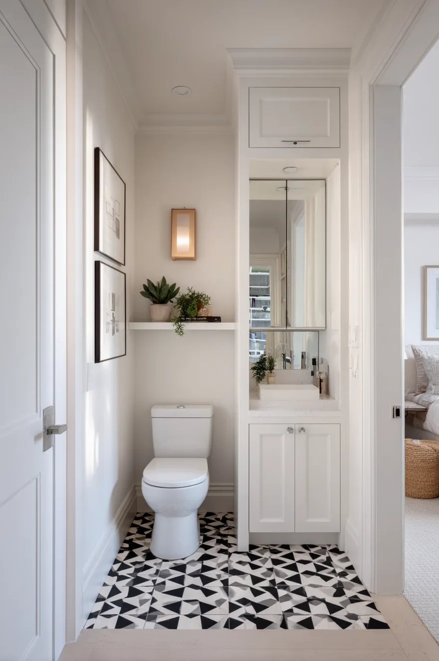 Converted hallway closet powder room with a wall-mount toilet, mirrored cabinet, peel-and-stick geometric black and white tile floor, and small wall-hung sink.