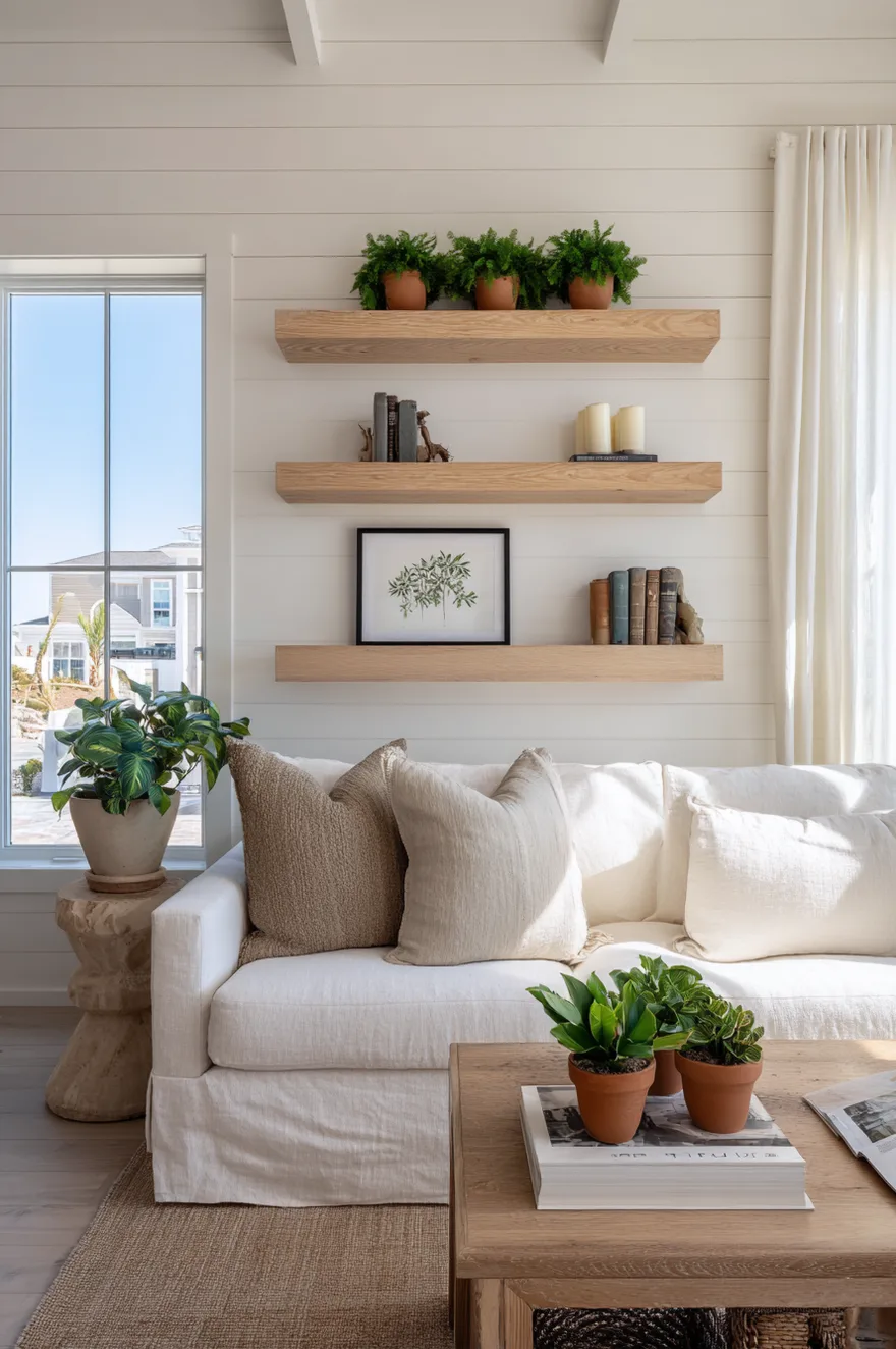 Honey-toned pine open floating shelves against soft white shiplap with three green potted plants in terracotta pots, cream pillar candles, and a leaning botanical print above a white slipcovered sofa.