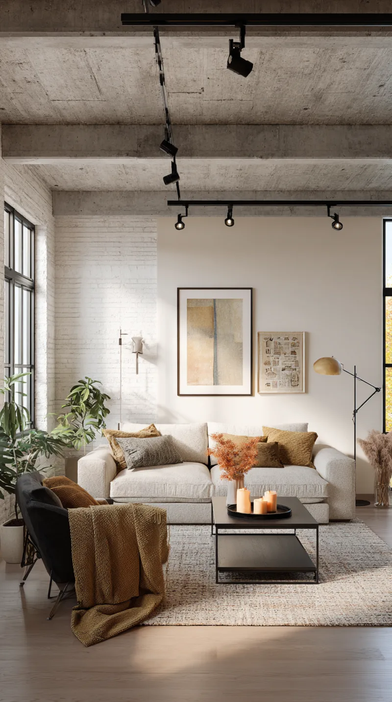 Modern white track lighting installed on a living room ceiling, directed at artwork and seating areas.