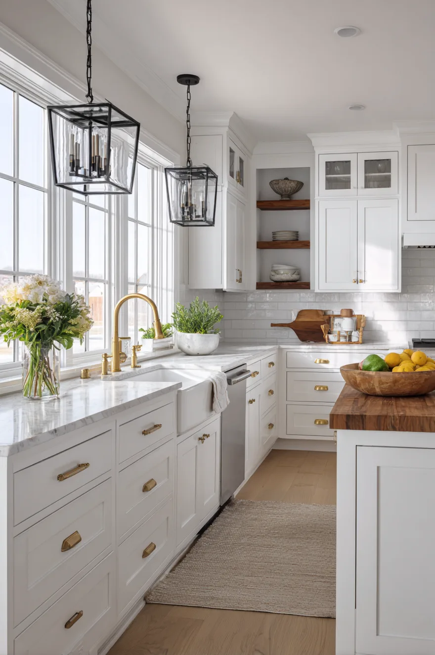White shaker kitchen cabinets with unlacquered brass cup pulls and a brass faucet over a farmhouse sink, alongside a wood butcher block island and glass lantern pendants.