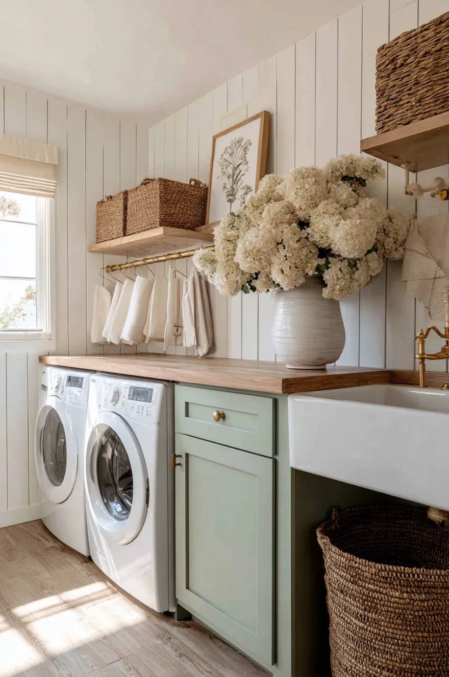 Small laundry room featuring sage green lower cabinets, white shiplap walls, and a farmhouse sink.