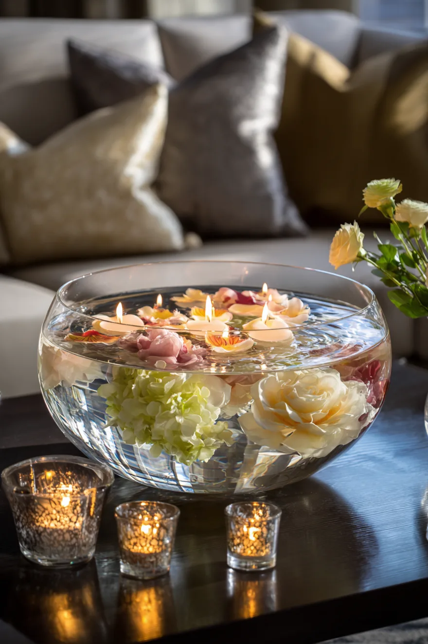 Round glass vase with water, floating tealight candles, and yellow spring blossoms on a living room table.