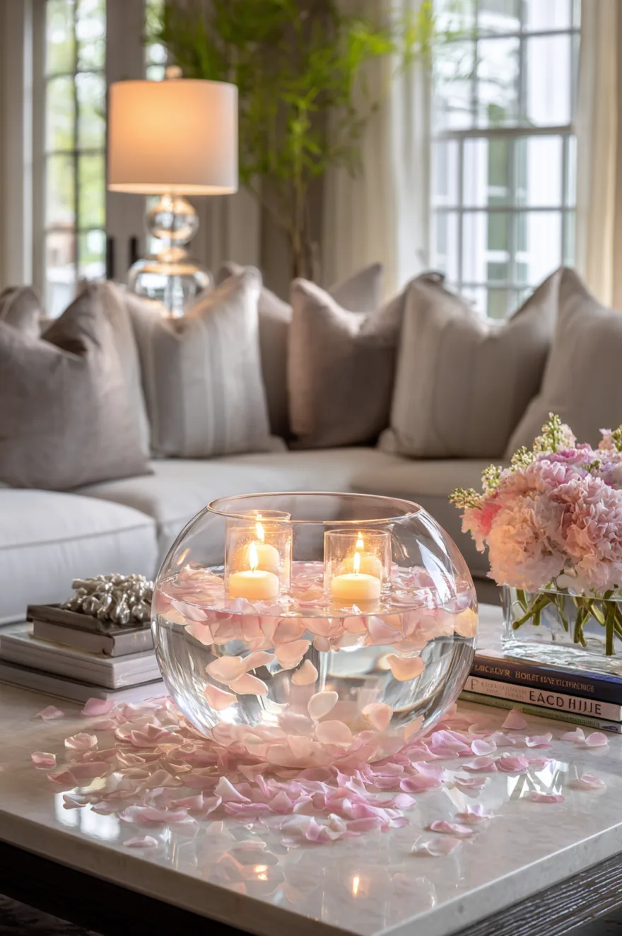 Large glass bowl filled with water, floating white candles, and pink flower petals on a coffee table.