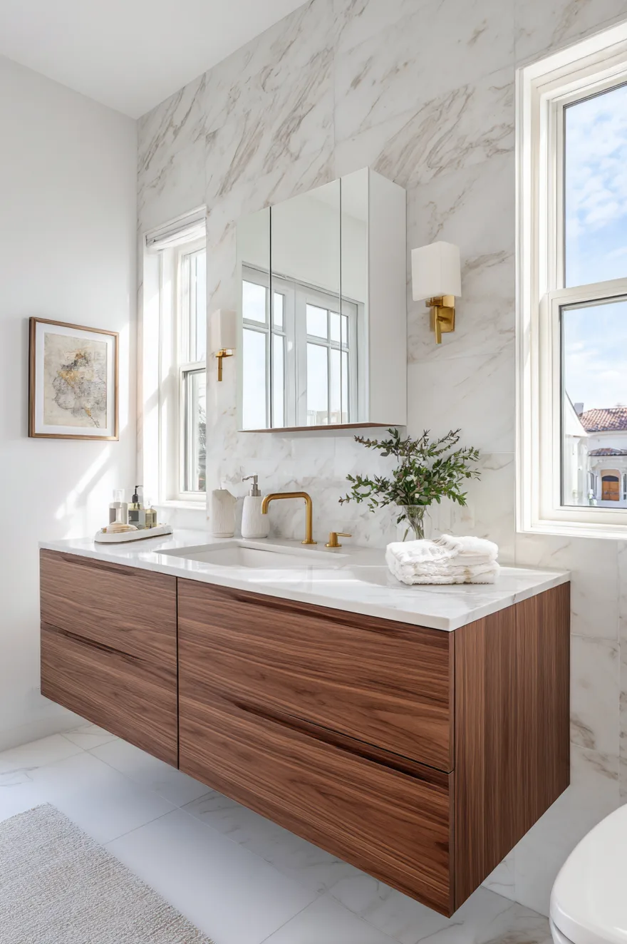 A modern bathroom showcasing a dark wood floating vanity with flat panel drawers and a white marble countertop, finished with a brass faucet against a white marble wall.