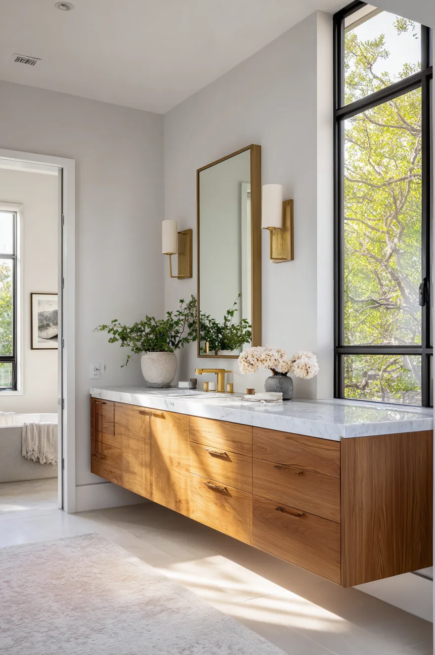 A modern bathroom showcasing a long floating wood vanity with flat panel drawers and a white marble counter under a tall brass framed mirror next to a large window.