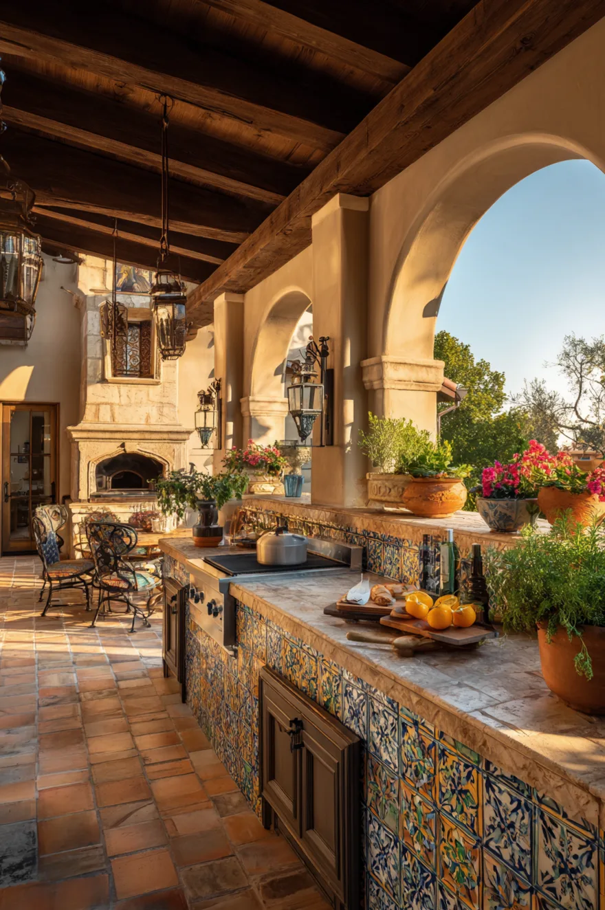 Textured stucco Spanish hacienda style outdoor kitchen with arched niches, a patterned blue tile backsplash, terracotta floor tiles, and rustic wood beams supporting a pergola.