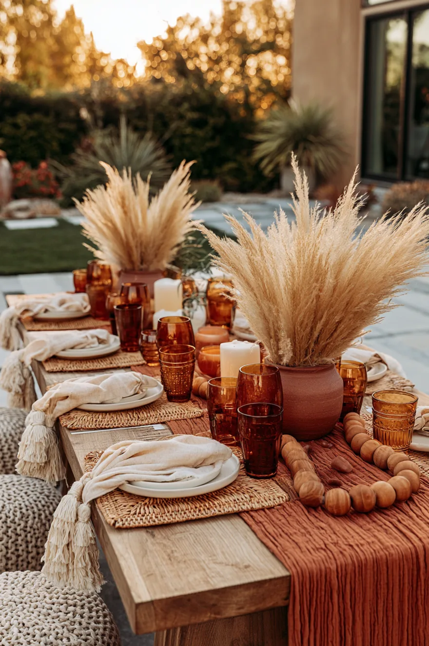 Long outdoor dining table set with rust and cream linens, terracotta pots filled with feathery pampas grass, and amber glassware.