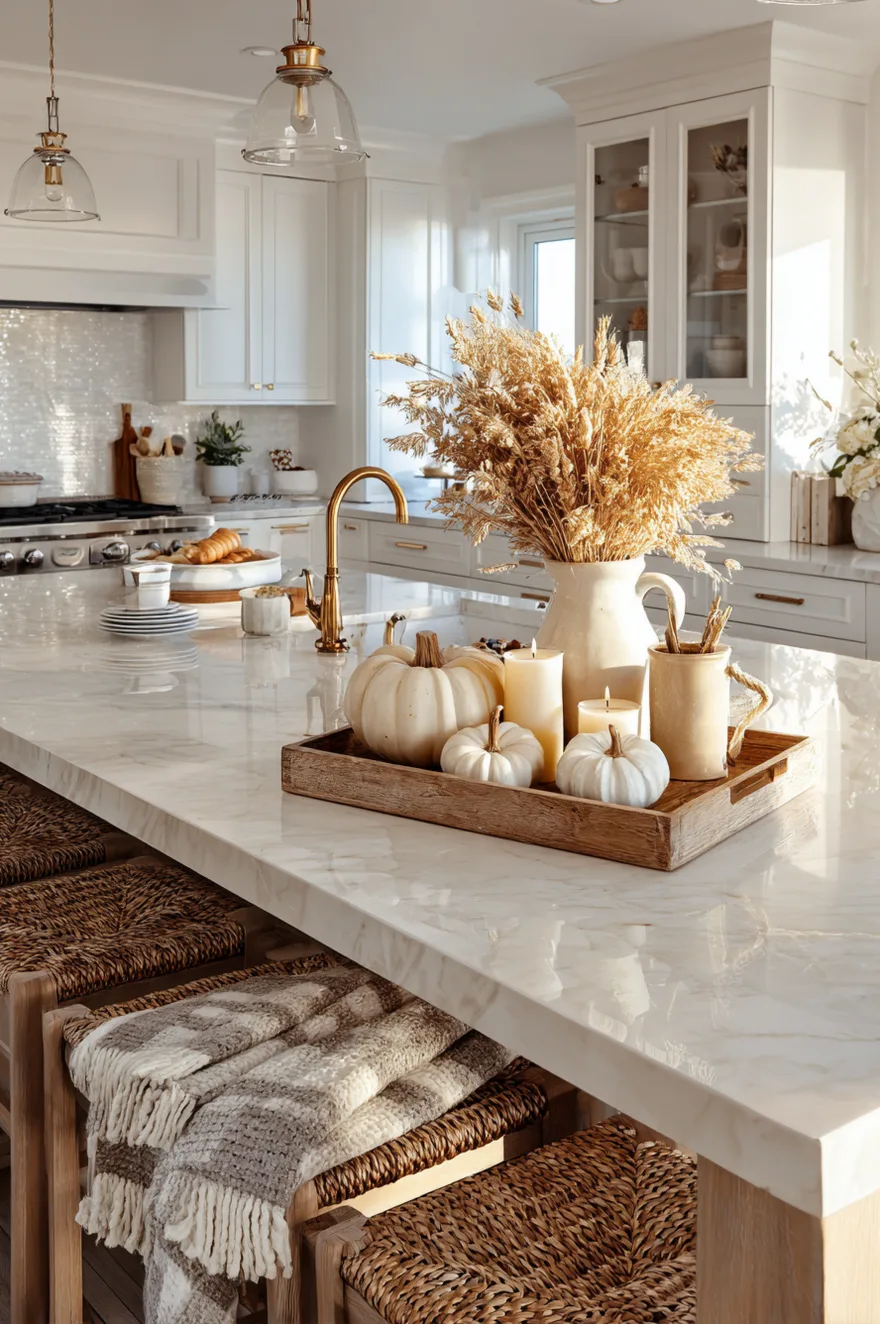 Round wooden tray on a white marble kitchen island countertop, holding small white mini pumpkins, a white ceramic jar candle, and a small glass vase with dried wheat stalks.