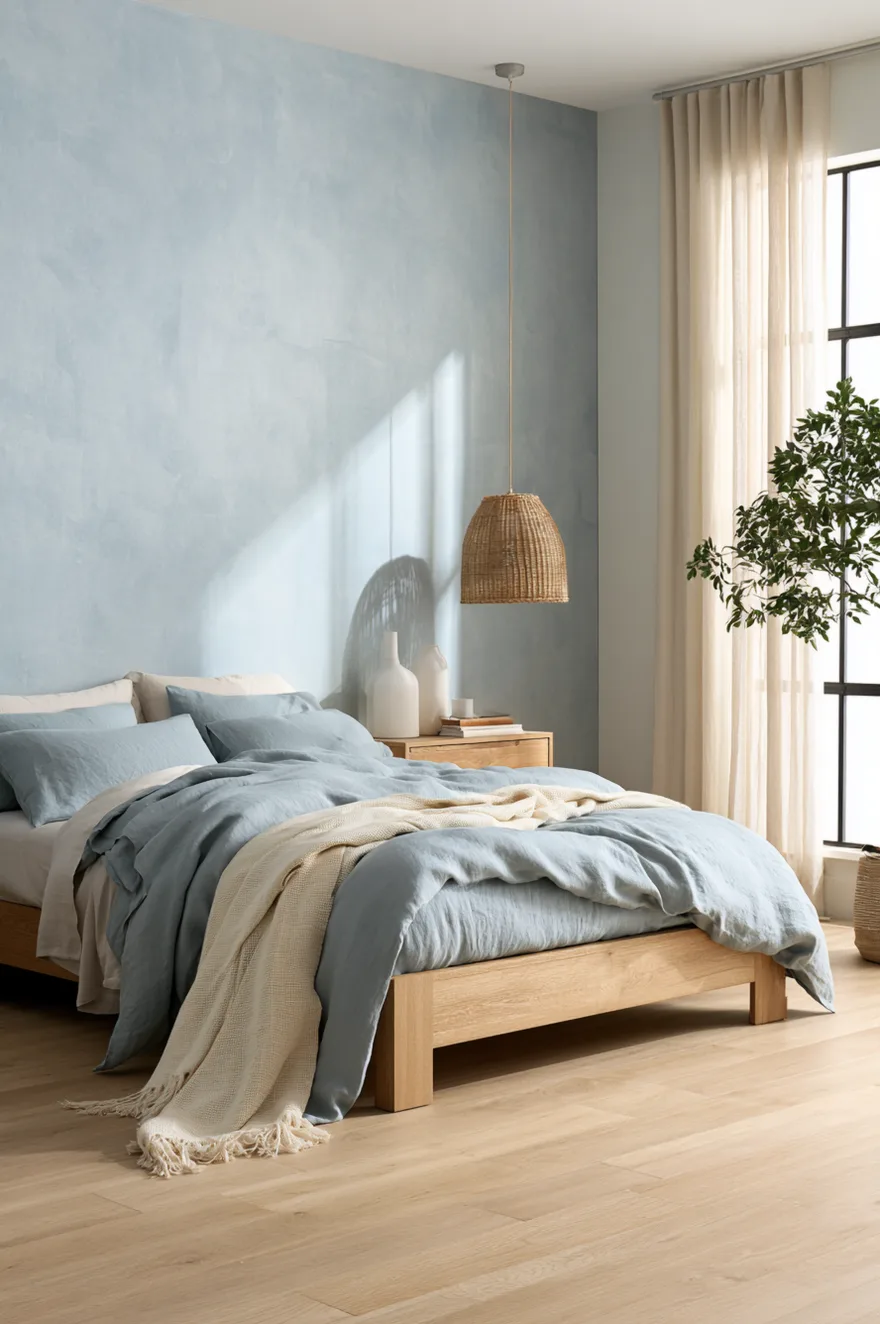 Light oak bed frame with dusty blue linen bedding and a cream throw blanket, set against a light blue watercolor plaster textured wall with a hanging rattan pendant lamp.