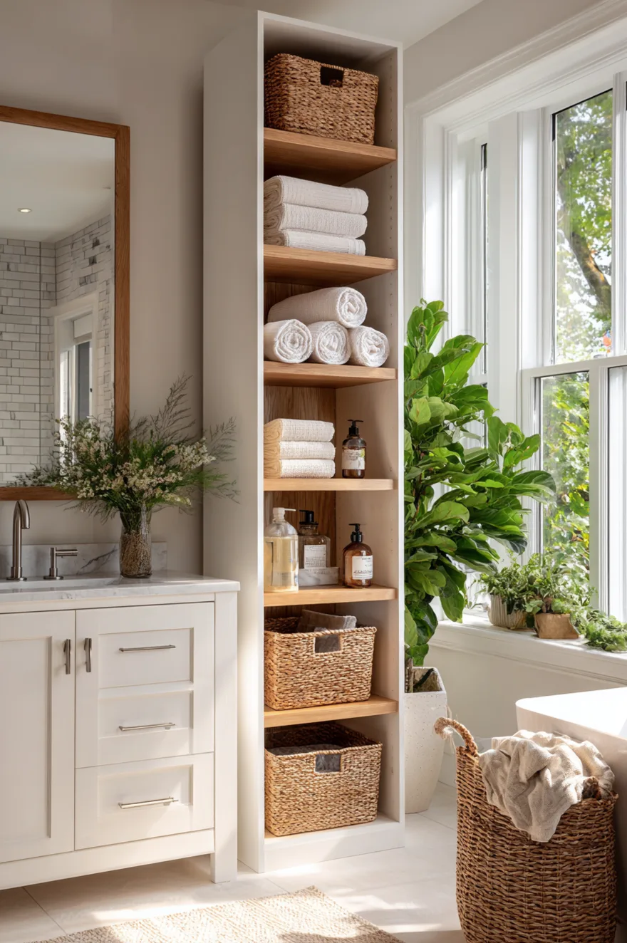 Narrow white freestanding bathroom storage tower featuring open upper shelving and a closed lower cabinet door, positioned neatly in a tight space next to a white vanity holding rolled towels.