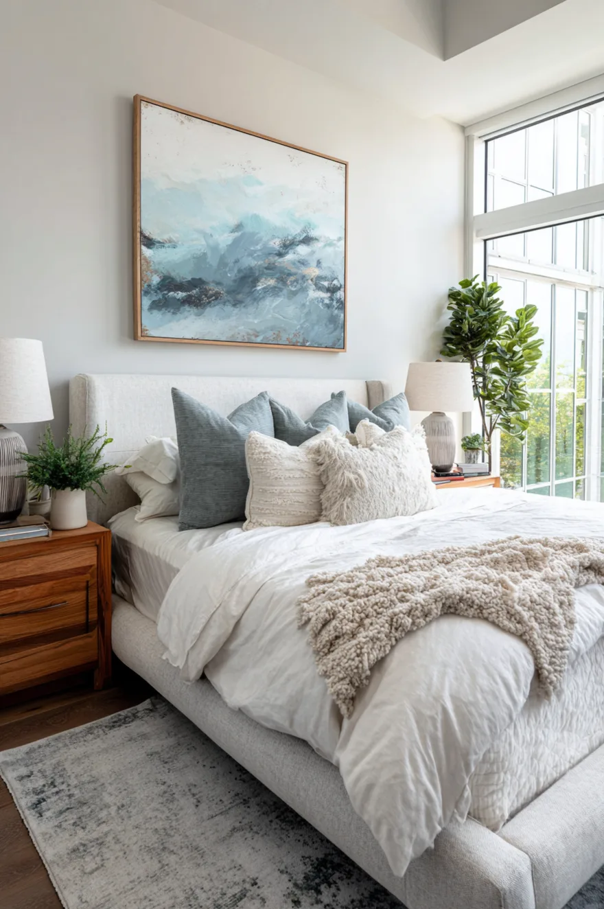 Large abstract art piece hanging above the bed in a couple's master bedroom to create a focal point.