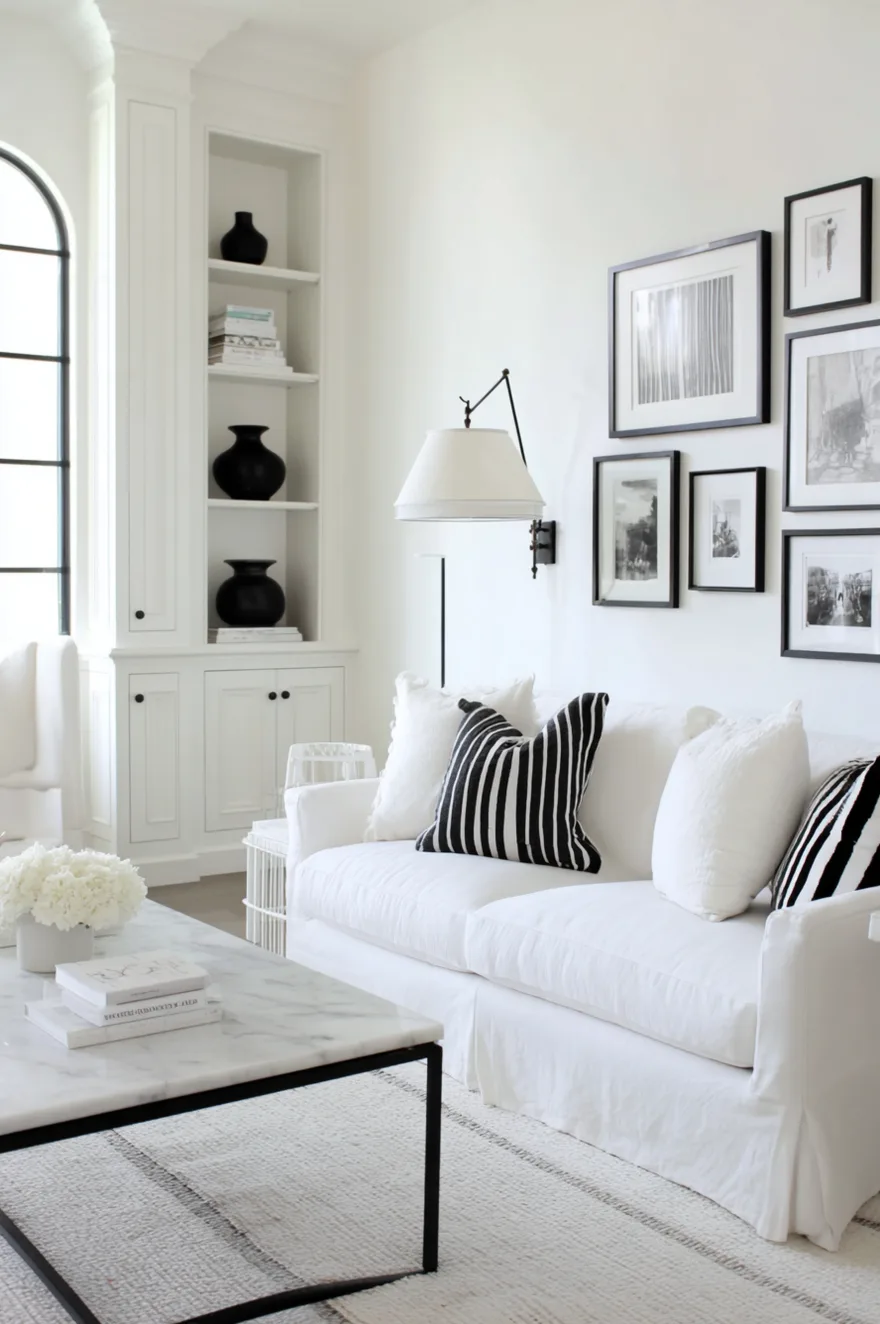 High contrast living room with white walls and bold black picture frames and furniture legs.