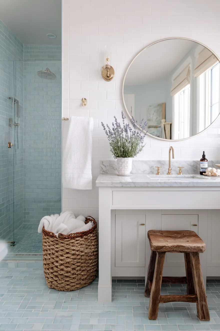 Bathroom floor covered in square, medium-blue tiles with prominent white grout lines, featuring a white freestanding clawfoot tub with a copper handheld shower fixture and white walls.