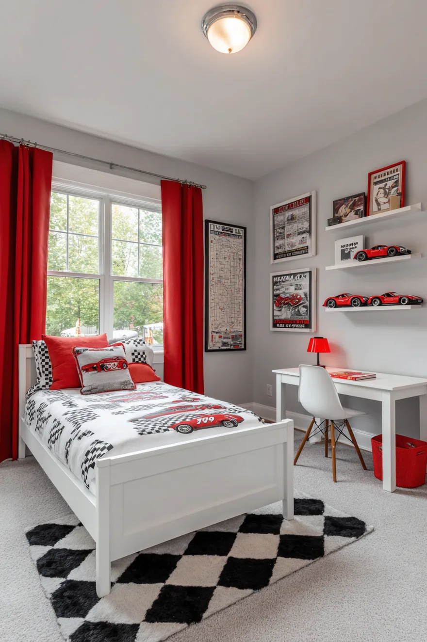 Boys bedroom with light grey walls and bright red curtains, featuring a white bed with race car patterned bedding, a black and white checkered rug, and floating shelves displaying red model cars.