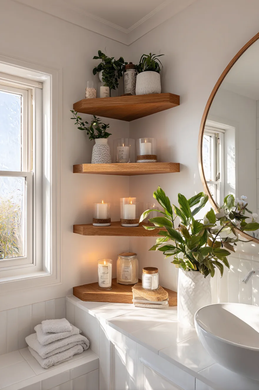 Set of three wooden corner floating shelves installed above a bathtub holding candles and plants.